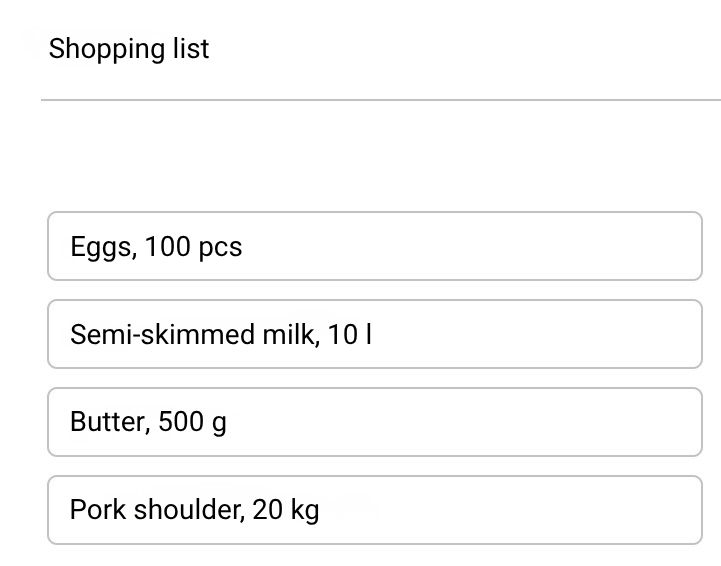 Shopping list with fresh groceries including eggs, milk, butter and pork shoulder - Food items for meal planning and kitchen supplies