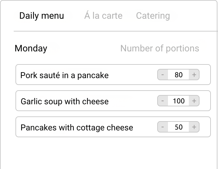 Restaurant daily menu with pork dishes including sauté in pancake, garlic soup, and pancakes with cheese